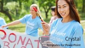  Presentation with paint brush - Colorful presentation theme enhanced with young volunteer volunteer with paint backdrop and a light blue colored foreground