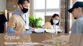  Presentation with free food - Colorful slide set enhanced with young-volunteers-in-masks backdrop and a coral colored foreground