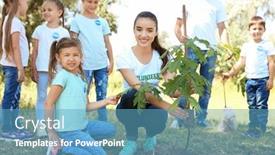  Presentation with tree planting - Audience pleasing slides consisting of young volunteers with children planting tree in park backdrop and a teal colored foreground