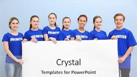  Presentation with community service happy volunteer group - Audience pleasing theme consisting of young volunteers with poster backdrop and a white colored foreground