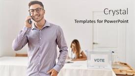  Presentation with vote - PPT theme featuring young-voter-man-talking background and a light gray colored foreground