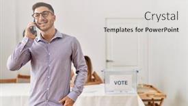  Presentation with vote - Slides featuring young-voter-man-talking background and a light gray colored foreground