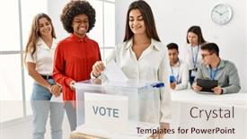  Presentation with vote - Presentation theme with young-voter-woman-smiling-happy background and a  colored foreground