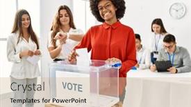  Presentation with vote - Presentation theme with young-voter-woman-smiling-happy background and a soft green colored foreground