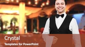  Presentation with restaurant waiter - Audience pleasing PPT theme consisting of young waiter at the restaurant backdrop and a tawny brown colored foreground