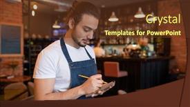  Presentation with restaurant waiter - Beautiful PPT theme featuring young-waiter-in-blue-apron backdrop and a tawny brown colored foreground