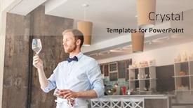  Presentation with restaurant waiter - Colorful PPT layouts enhanced with young waiter looking at empty wineglass in restaurant backdrop and a mint green colored foreground