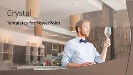  Presentation with restaurant waiter - Slide set featuring young waiter looking at empty wineglass in restaurant background and a mint green colored foreground