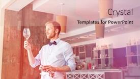  Presentation with restaurant waiter - Presentation theme consisting of young waiter looking at empty wineglass in restaurant background and a lemonade colored foreground