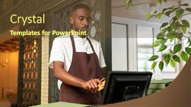  Presentation with payment - Colorful slide set enhanced with young-waiter-or-cashier backdrop and a tawny brown colored foreground
