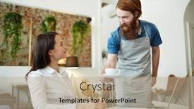  Presentation with restaurant waiter - Amazing PPT theme having young waiter serving businesswoman in cafe or restaurant backdrop and a coral colored foreground
