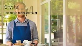  Presentation with restaurant waiter - Beautiful presentation design featuring young waiter serving coffee and cookies at restaurant backdrop and a yellow colored foreground
