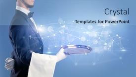  Presentation with waiter - Audience pleasing slide set consisting of young waiter serving financial concept on a metal tray backdrop and a light blue colored foreground