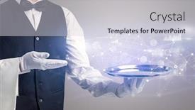  Presentation with waiter - Audience pleasing slide set consisting of young waiter serving financial concept on a metal tray backdrop and a lemonade colored foreground