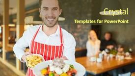  Presentation with restaurant waiter - Colorful PPT theme enhanced with young-waiter-serving-in-restaurant backdrop and a tawny brown colored foreground