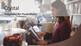  Presentation with coffee shop - PPT theme enhanced with young waiter using cash register background and a light gray colored foreground