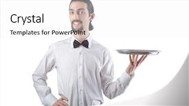  Presentation with silver chalice - Slides featuring young waiter with silver tray background and a  colored foreground