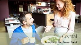  Presentation with waitress - Presentation theme enhanced with young waitress bringing businessman his breakfast consisting of fried eggs and fresh ruccola background and a soft green colored foreground