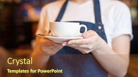  Presentation with tea cup - Audience pleasing theme consisting of young-waitress-in-blue-apron backdrop and a tawny brown colored foreground
