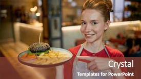  Presentation with taste - Cool new presentation theme with young waitress pointing at plate backdrop and a tawny brown colored foreground