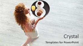  Presentation with waitress - PPT layouts consisting of young wavy-haired waitress carrying background and a light gray colored foreground