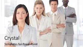  Presentation with well - PPT theme enhanced with young well dressed business team in a row looking serious focus on second person from the front background and a lemonade colored foreground