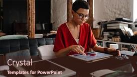  Presentation with computer workshop - PPT layouts with young-white-brunette-woman-working background and a tawny brown colored foreground