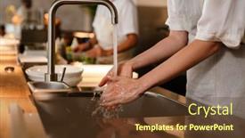  Presentation with restaurant kitchen - PPT theme with young-white-chef-woman-wearing background and a tawny brown colored foreground