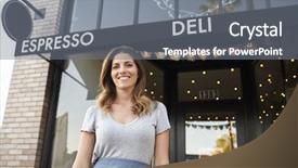  Presentation with cafe - Colorful slide deck enhanced with young white female business owner backdrop and a gray colored foreground