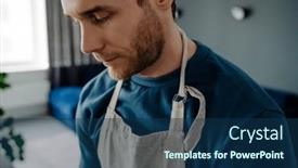  Presentation with apron - Slide deck having young-white-man-wearing-apron background and a navy blue colored foreground