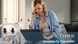  Presentation with mother baby - Slides consisting of young-white-mother-using-gadgets background and a ocean colored foreground