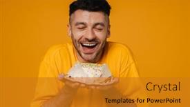  Presentation with birthday cake - Presentation with young-white-unshaven-man-smiling background and a gold colored foreground