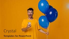  Presentation with balloons blue - PPT theme having young-white-unshaven-man-using background and a gold colored foreground