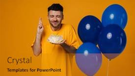  Presentation with birthday cake - Slides having young-white-unshaven-man background and a gold colored foreground