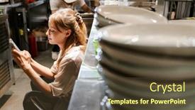  Presentation with restaurant kitchen - Presentation design featuring young-white-woman-cook-wearing background and a tawny brown colored foreground