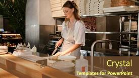  Presentation with meals - PPT theme consisting of young-white-woman-cook-wearing background and a tawny brown colored foreground