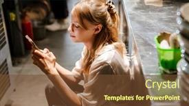  Presentation with restaurant kitchen - PPT theme with young-white-woman-cook-wearing background and a tawny brown colored foreground