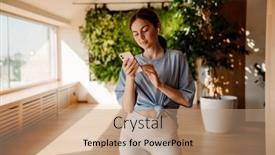  Presentation with class - Slide deck having young-white-woman-in-earphones background and a coral colored foreground