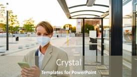  Presentation with bus station - Presentation theme enhanced with young-white-woman-in-facial background and a gray colored foreground