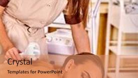  Presentation with hardware - Slide deck having young white woman receiving electric microdermabrasion massage at beauty salon in room is device for hardware cosmetology background and a coral colored foreground