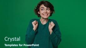  Presentation with white green - PPT layouts having young-white-woman-smiling background and a ocean colored foreground