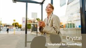  Presentation with bus station - Presentation design featuring young-white-woman-smiling background and a coral colored foreground
