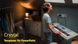  Presentation with home - Presentation theme enhanced with young-white-woman-smiling background and a wine colored foreground