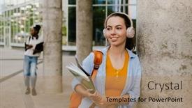  Presentation with listening woman - Presentation design featuring young-white-woman-smiling background and a coral colored foreground