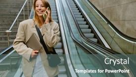  Presentation with outdoors - PPT theme enhanced with young-white-woman-talking background and a gray colored foreground