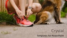  Presentation with outdoors - Presentation with young-white-woman-tying-shoelaces background and a coral colored foreground