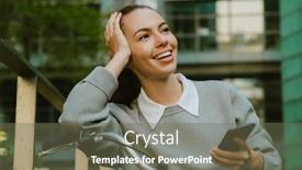  Presentation with city street - PPT theme enhanced with young-white-woman-using-cellphone background and a gray colored foreground