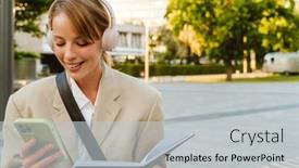  Presentation with note book - PPT layouts having young-white-woman-using-cellphone background and a  colored foreground