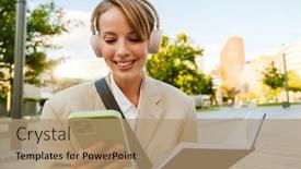  Presentation with note book - Slide set consisting of young-white-woman-using-cellphone background and a coral colored foreground