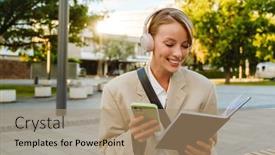  Presentation with note book - Slide deck with young-white-woman-using-cellphone background and a  colored foreground